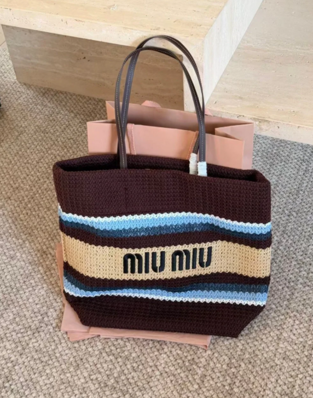 Miu Miu Brown Crochet Stripe Tote Bag